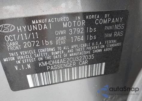2012 Hyundai Elantra Gls (Ulsan Plant) из США, поврежденный, VIN KMHDH4AE2CU327035